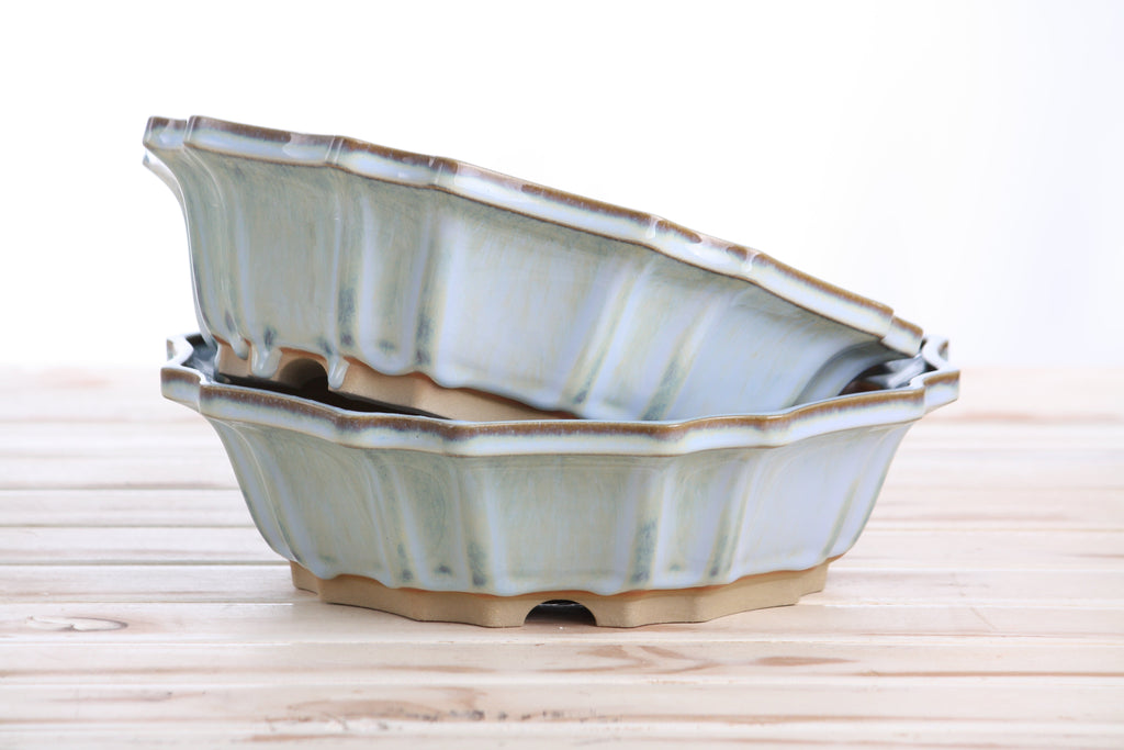 Willow Bonsai Ceramics Flower Design Bonsai Pot 10 Inch – Elegant Ceramic Bonsai & Succulent Planter, High‑Fired Frost‑Proof Stoneware with Drainage & Wiring Holes, Handmade in USA (Glacier)