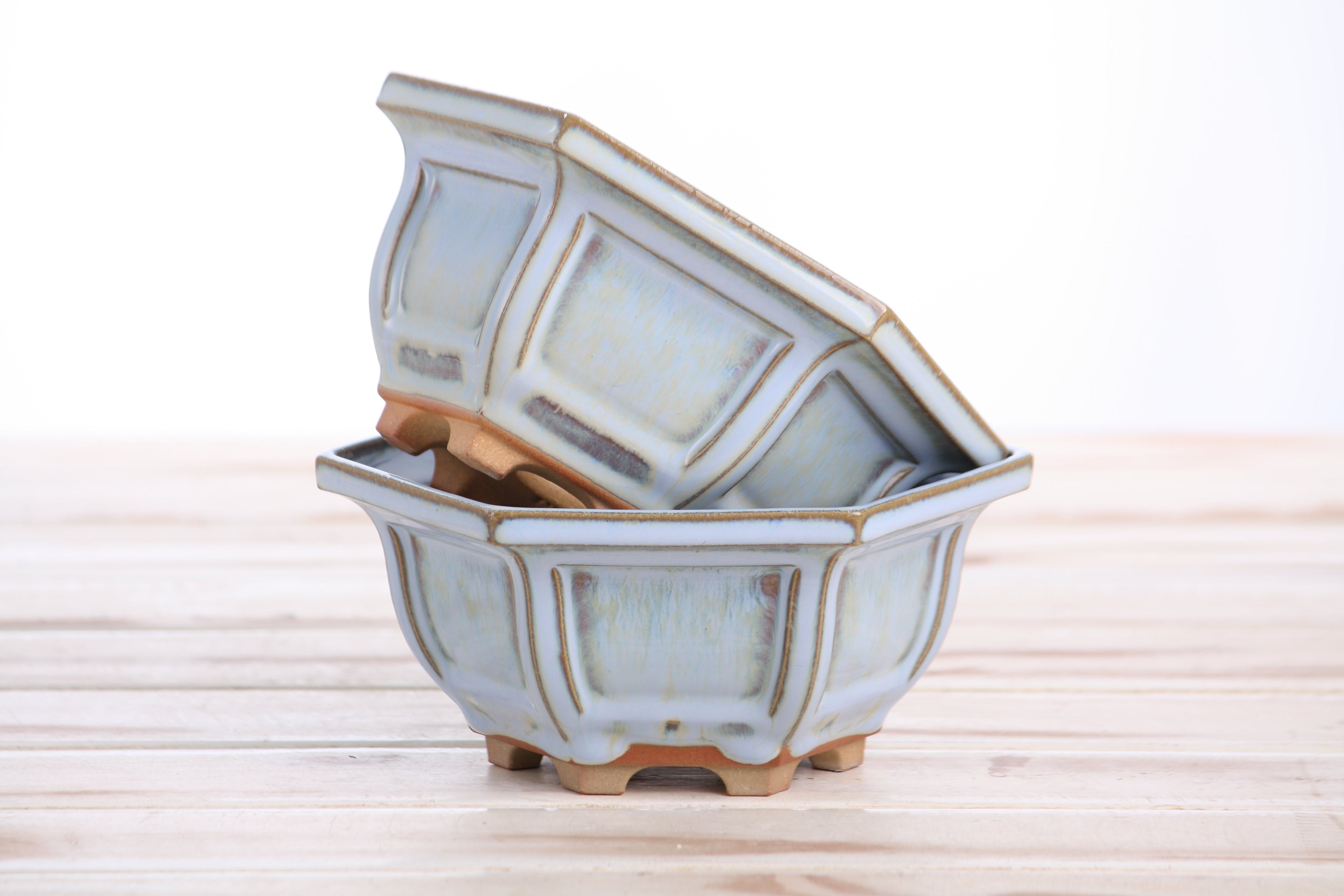 Willow Bonsai Ceramics Hexagonal Windowed Bonsai Pot 5 Inch – Semi‑Cascade Planter, High‑Fired Frost‑Proof Stoneware with Drainage & Wiring Holes, Handmade in USA (Glacier)