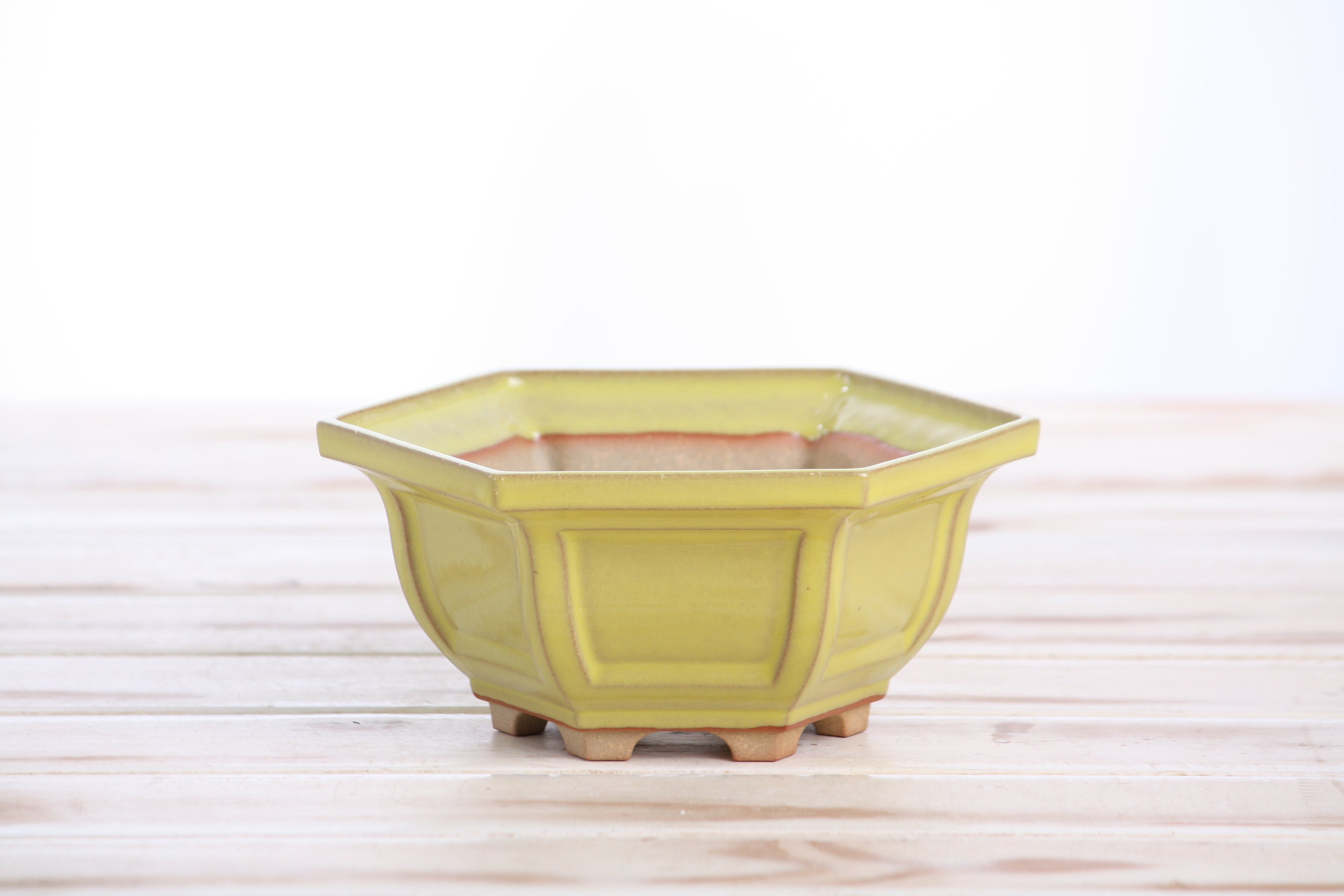 Willow Bonsai Ceramics Hexagonal Windowed Bonsai Pot 5 Inch – Semi‑Cascade Planter, High‑Fired Frost‑Proof Stoneware with Drainage & Wiring Holes, Handmade in USA (Yellow)