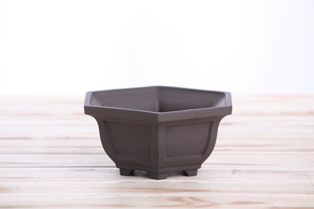 Willow Bonsai Ceramics Hexagonal Windowed Bonsai Pot 5 Inch – Semi‑Cascade Planter, High‑Fired Frost‑Proof Stoneware with Drainage & Wiring Holes, Handmade in USA (Unglazed Black)