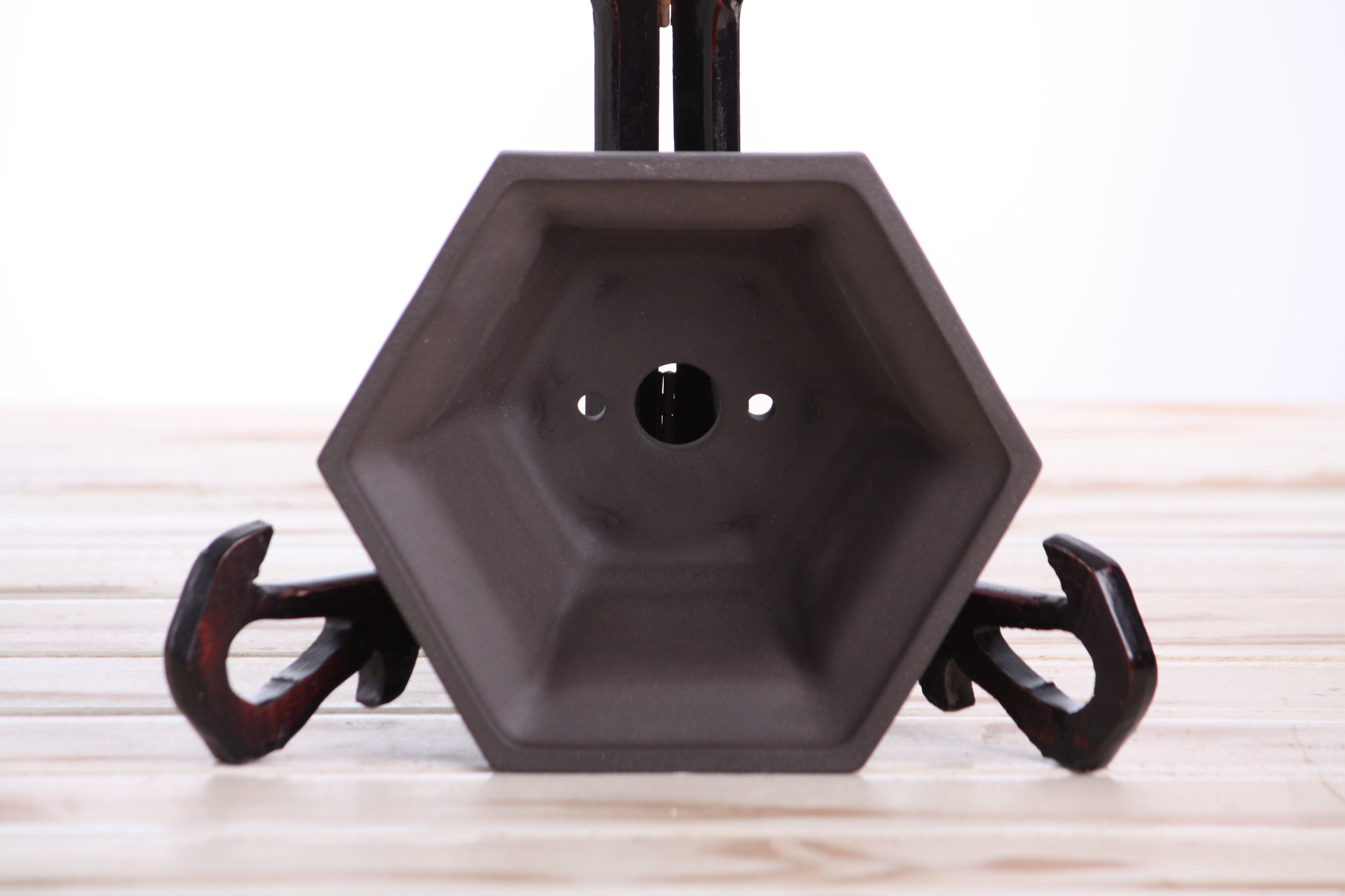 Willow Bonsai Ceramics Hexagonal Windowed Bonsai Pot 5 Inch – Semi‑Cascade Planter, High‑Fired Frost‑Proof Stoneware with Drainage & Wiring Holes, Handmade in USA (Unglazed Black)
